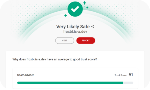 Froxbi is-a.dev ScamAdviser review showing 91 Trust Score and Very Likely Safe rating